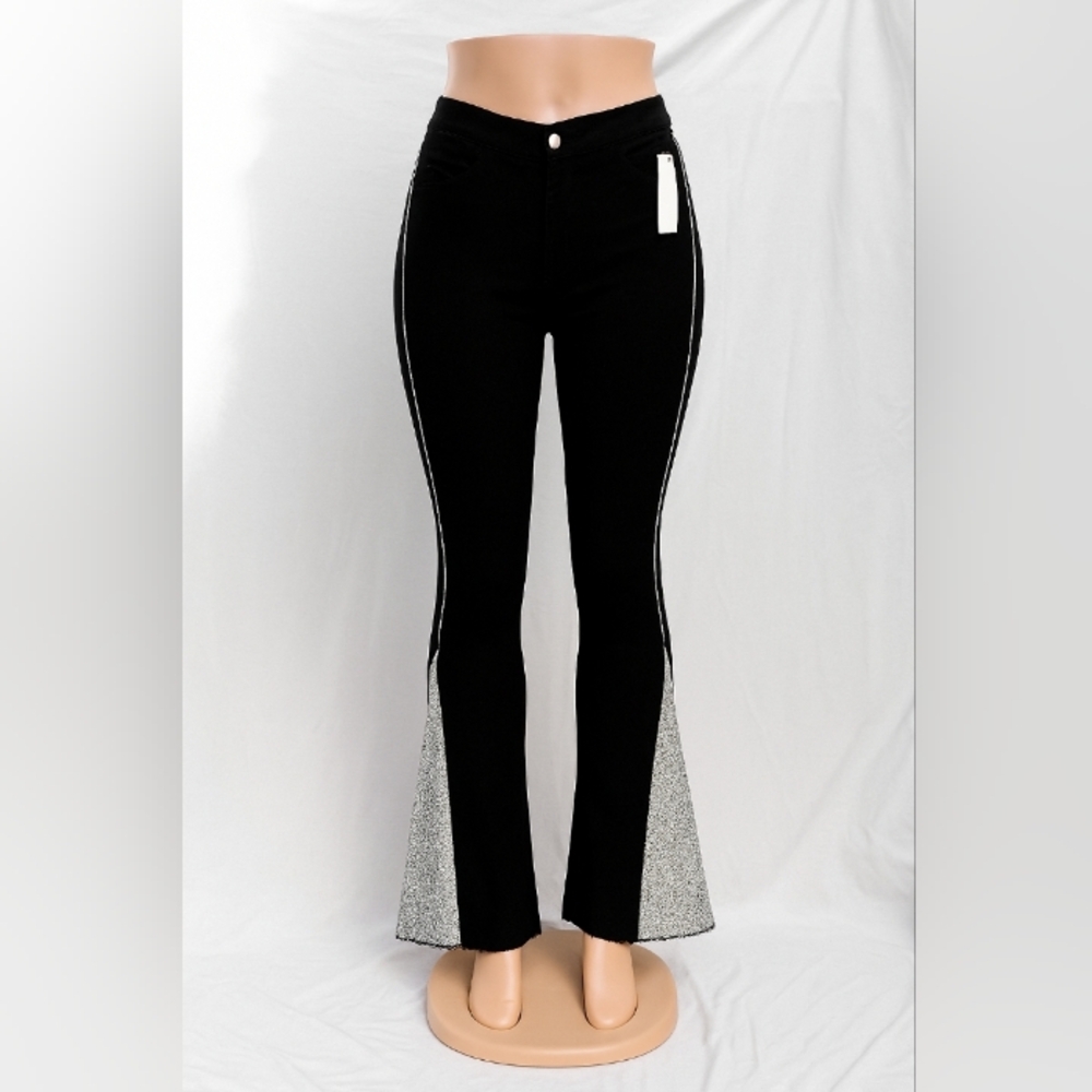 Rare FlareDisco Glitter Sequin Venus Black Denim Hippie Festival Pants Size 8
